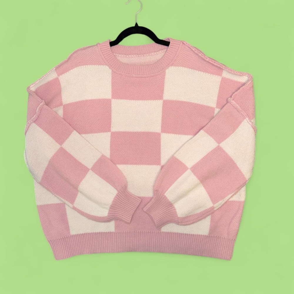 Pink & White Checkered Knit Sweater | Oversized Cottagecore Coquette